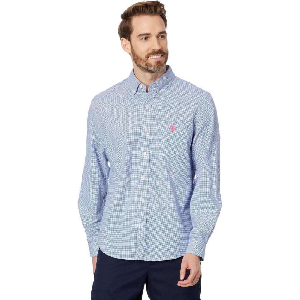 imageUS Polo Assn Mens Long Sleeve Classic Fit 1 Pocket Gingham Cotton Stretch Yarn Dye Slub Poplin Woven ShirtBlue Raft