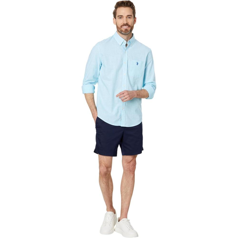 imageUS Polo Assn Mens Long Sleeve Classic Fit 1 Pocket Gingham Cotton Stretch Yarn Dye Slub Poplin Woven ShirtHorizon Blue