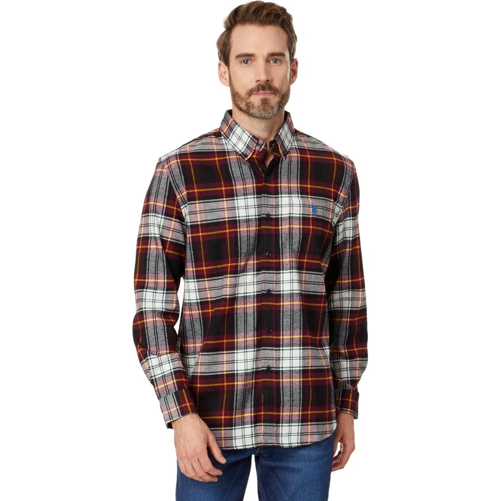 imageUS Polo Assn Mens Long Sleeve Classic Fit 1 Pocket Gingham Cotton Stretch Yarn Dye Slub Poplin Woven ShirtMaroon Banner