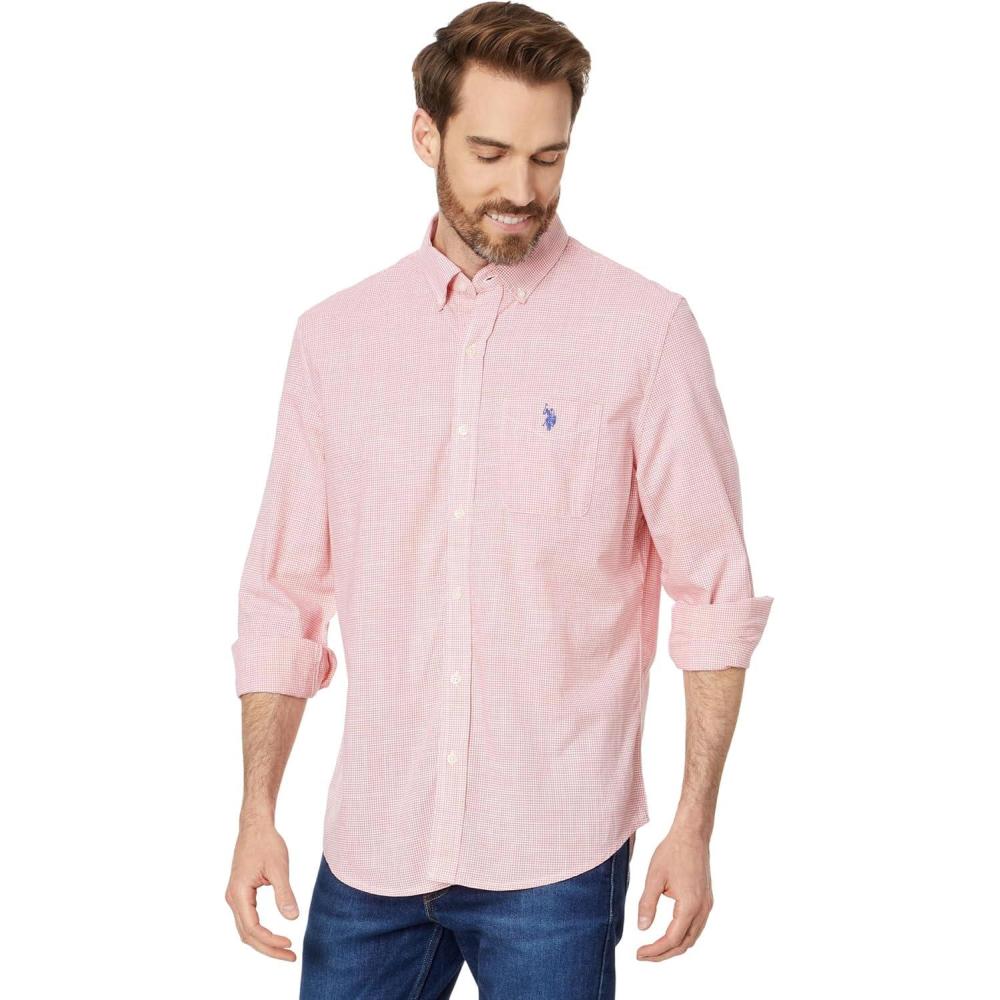 imageUS Polo Assn Mens Long Sleeve Classic Fit 1 Pocket Gingham Cotton Stretch Yarn Dye Slub Poplin Woven ShirtPink Coral