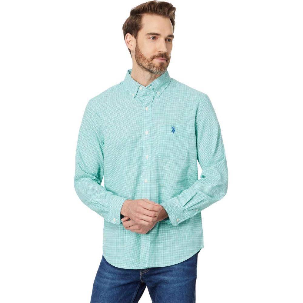 imageUS Polo Assn Mens Long Sleeve Classic Fit 1 Pocket Gingham Cotton Stretch Yarn Dye Slub Poplin Woven ShirtPool Green
