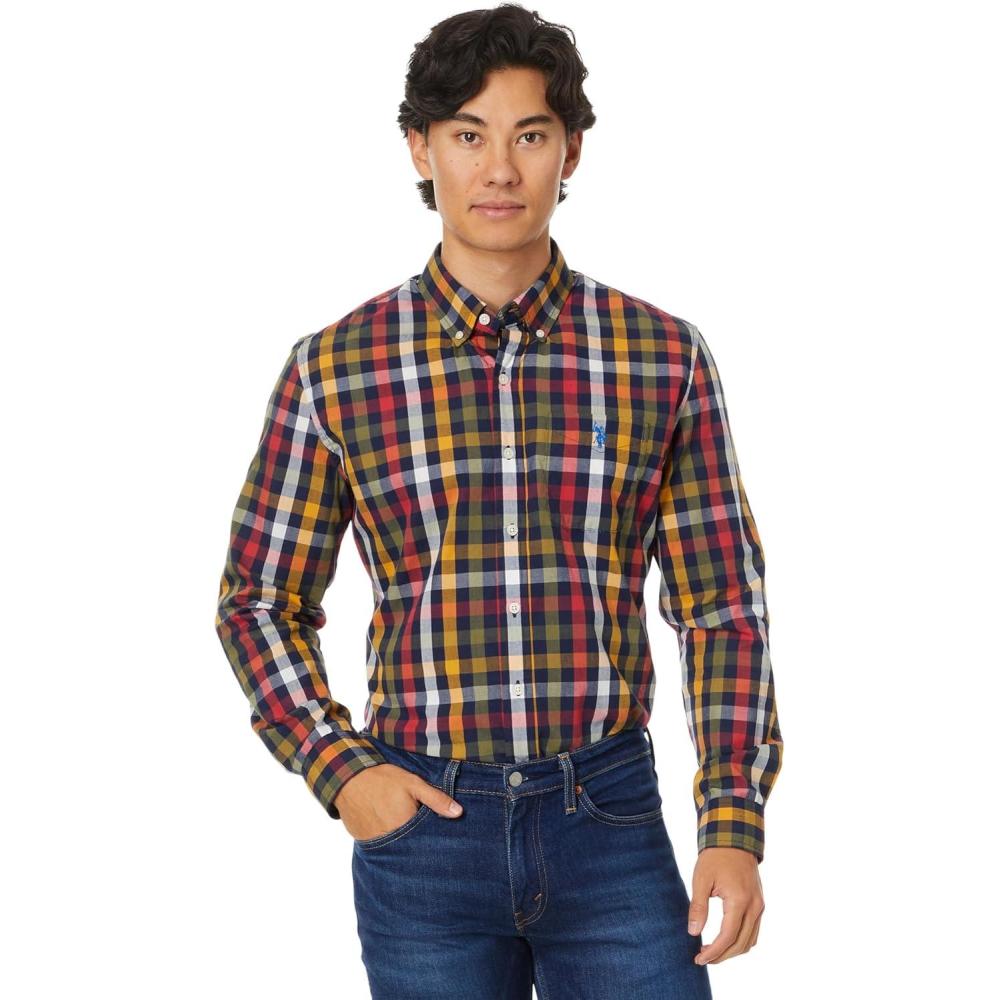 imageUS Polo Assn Mens Long Sleeve Classic Fit 1 Pocket Yarn Dye Poplin Multicolor Woven ShirtClassic Navy