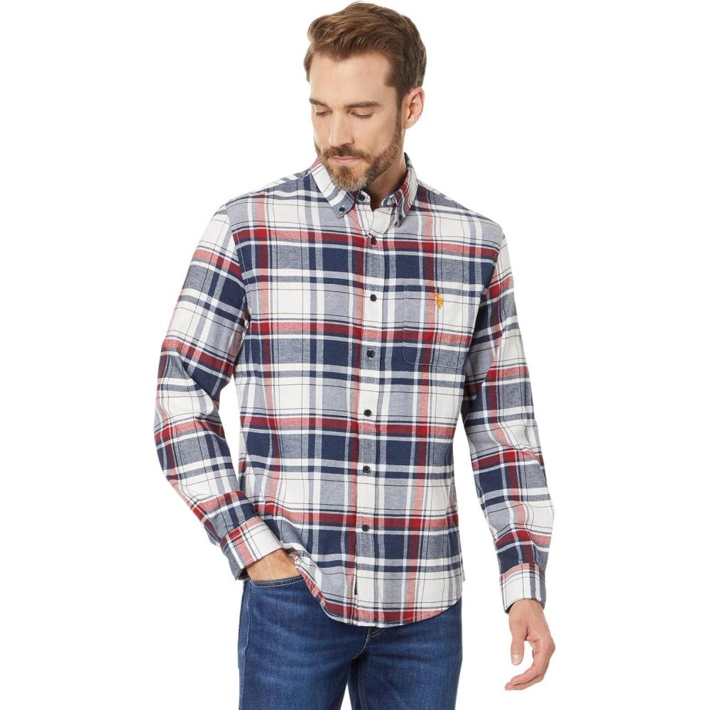 imageUS Polo Assn Mens Long Sleeve Classic Fit 1 Pocket Yarn Dye Stretch Peached Twill Heathered RWB Plaid Woven ShirtDark Night Heather