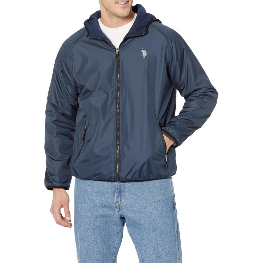 imageUS Polo Assn Mens Reversible Poly Shell to Fleece Hooded JacketClassic Navy 9029
