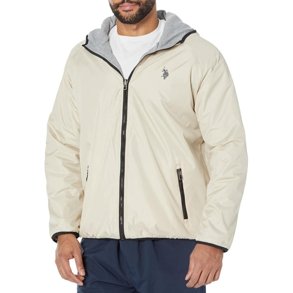 imageUS Polo Assn Mens Reversible Poly Shell to Fleece Hooded JacketOatmeal 6396