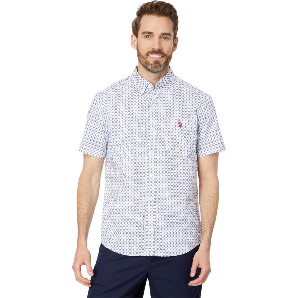 imageUS Polo Assn Mens Short Sleeve Classic Fit 1 Pocket Discharged Print Cotton Stretch Slub Poplin Woven ShirtOptic White