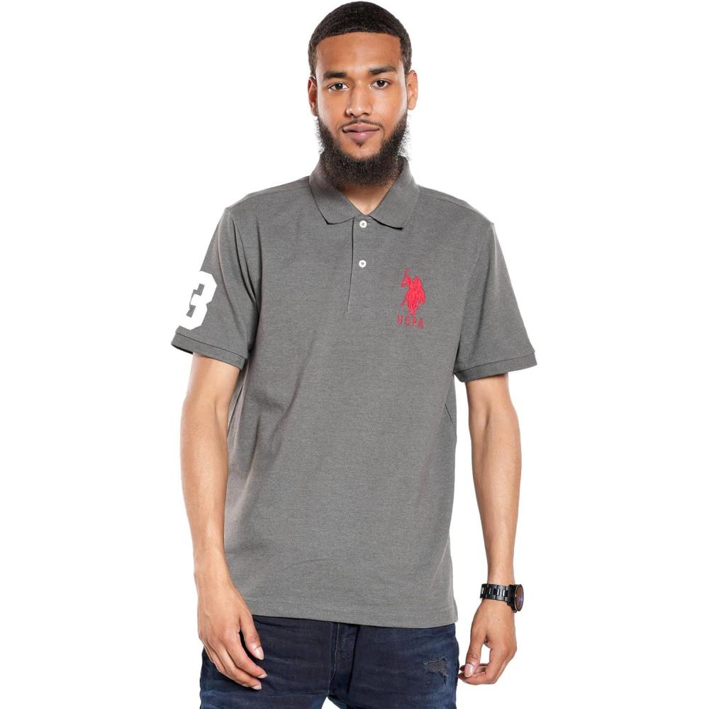 imageUS Polo Assn Mens Solid Pique Polo ShirtDark Heather Grey