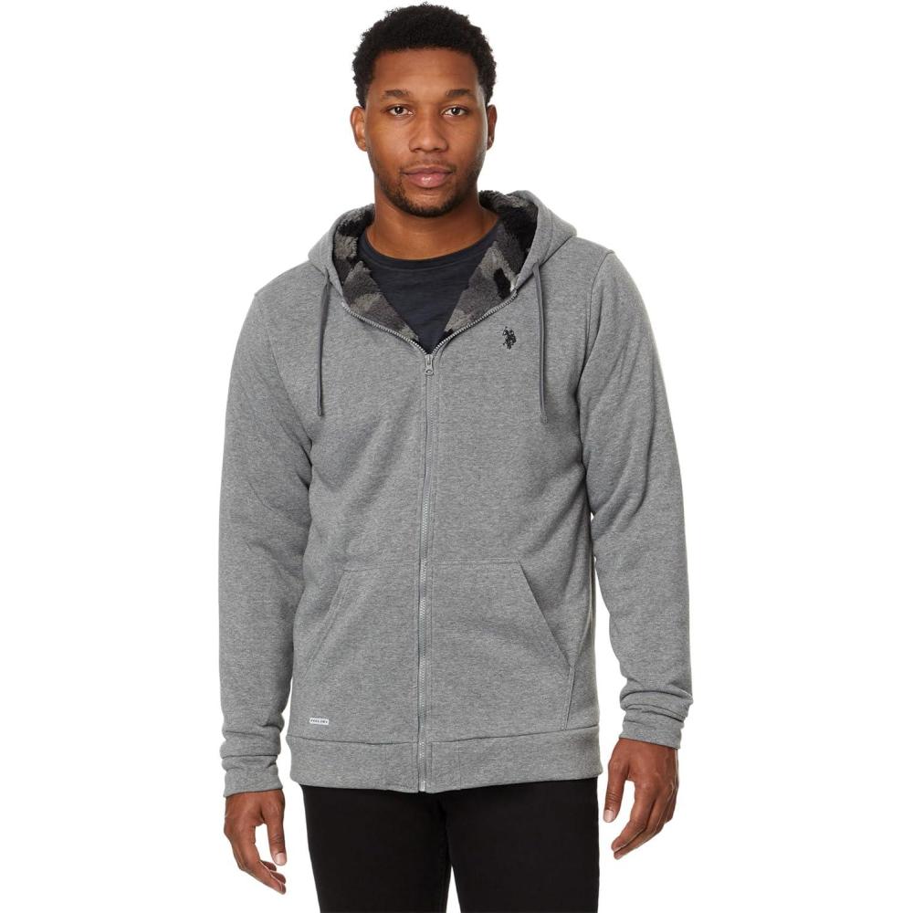 imageUS Polo Assn Mens USPA Big and Tall Solid Full Zip Camo Lined Sherpa HoodieCampus Grey Heather
