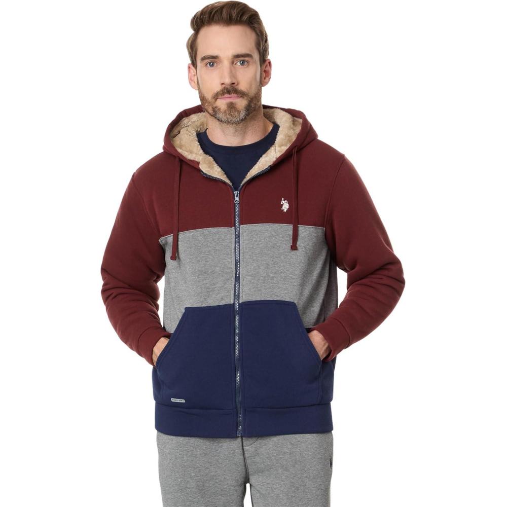 imageUS Polo Assn Mens USPA ColorBlock Full Zip Sherpa HoodieSeagrams Burgandy