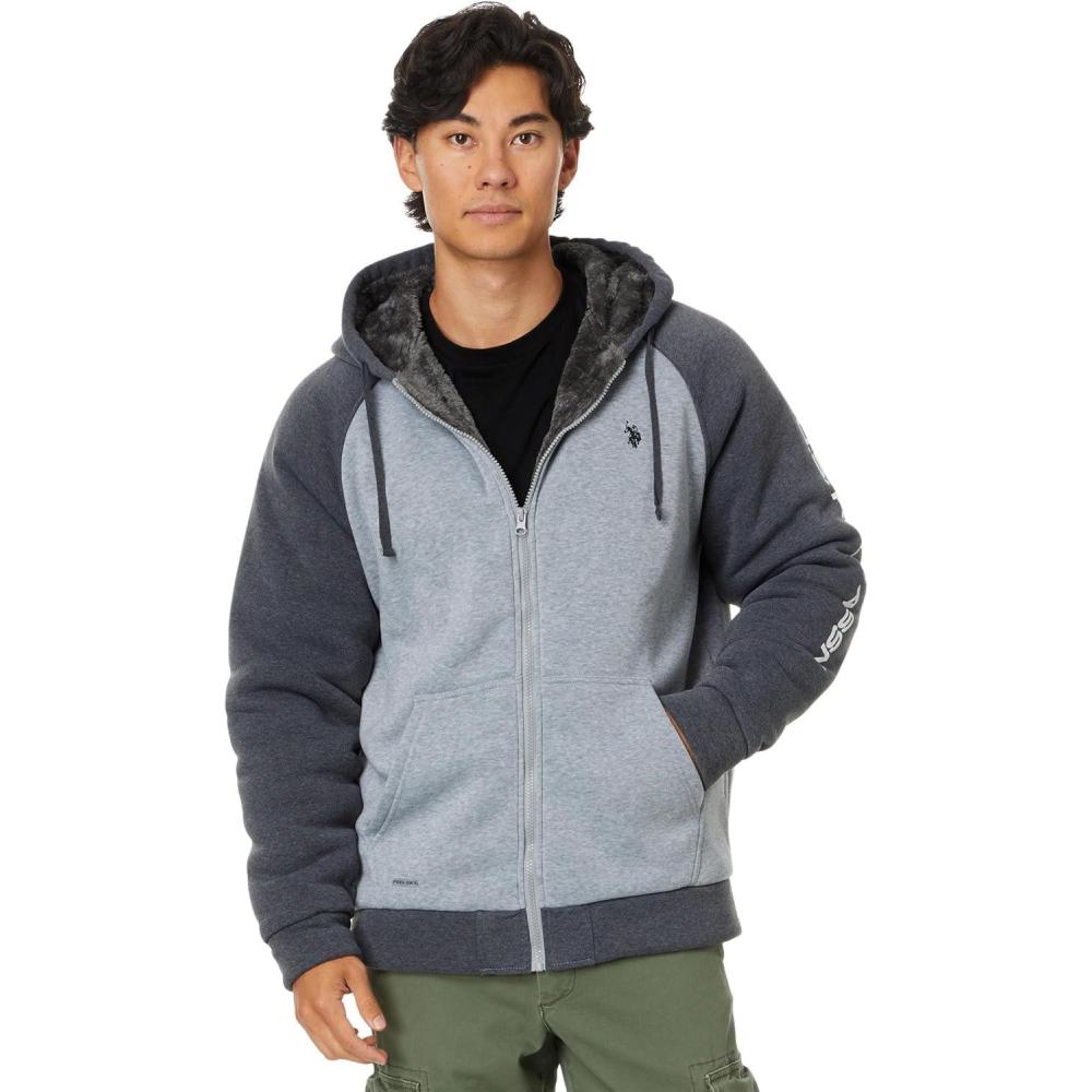 imageUS Polo Assn Mens USPA Contrast Raglan Sleeve Sherpa Hoodie Heather Grey Large