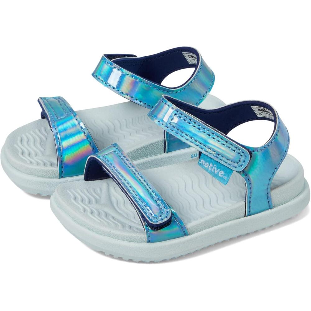 imageNative Shoes Kids Charley Sugarlite Hologram Flat Sandals for Little Kid  HookLoop Closure with EVA Footbed and Open Toe DesignSky HologramCoastal BlueCoastal Blue
