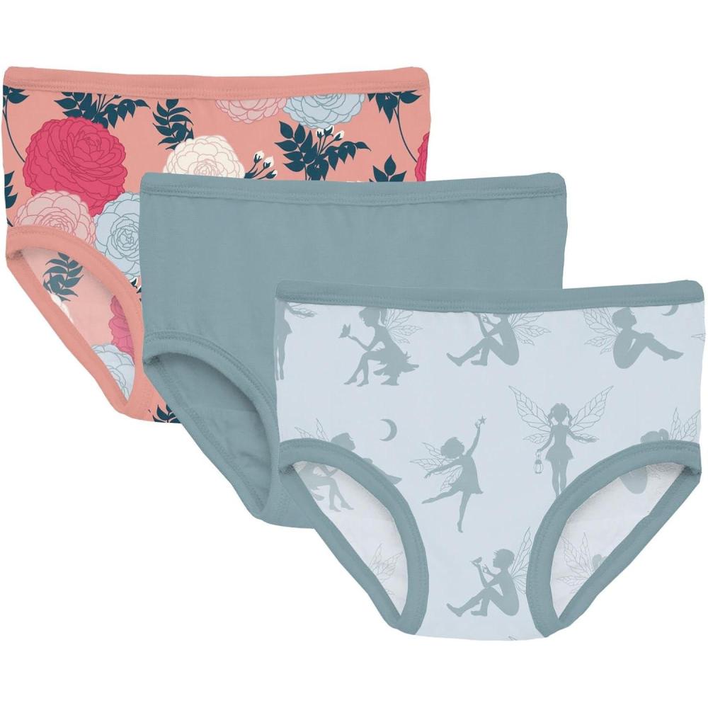 imageKicKee Girls Underwear Set of 3 Prints and Solid Colors Soft Girl Panties Toddler to Big Kid All Day WearBlush Enchanted Floral Stormy Sea Illusion Blue Forest Fairies
