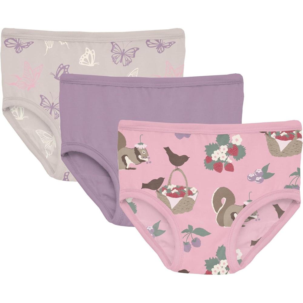 imageKicKee Girls Underwear Set of 3 Prints and Solid Colors Soft Girl Panties Toddler to Big Kid All Day WearLatte Butterflies Lavender Cake Pop Berry Picking