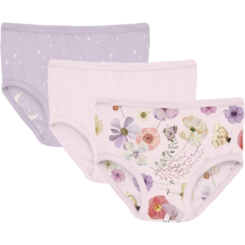 imageKicKee Girls Underwear Set of 3 Prints and Solid Colors Soft Girl Panties Toddler to Big Kid All Day WearThistle Starry Sky Moon Shrinking Violet Shrinking Violet Pressed Flowers