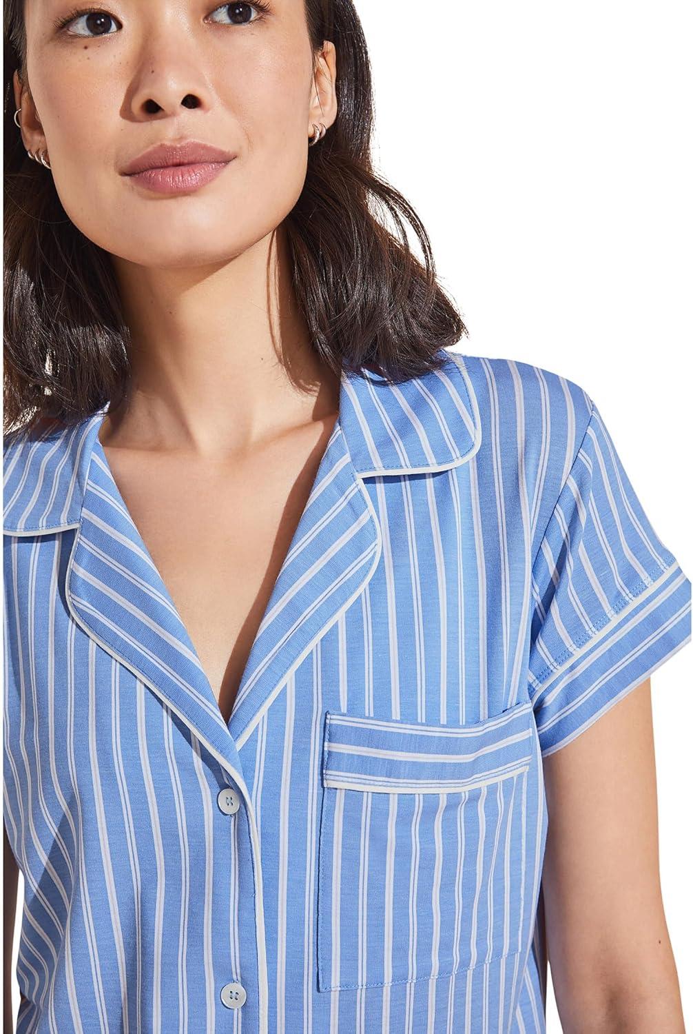 imageEberjey Gisele Relaxed Short PJ Set Sorbet PinkBlackNordic Stripes Vista BlueIvory