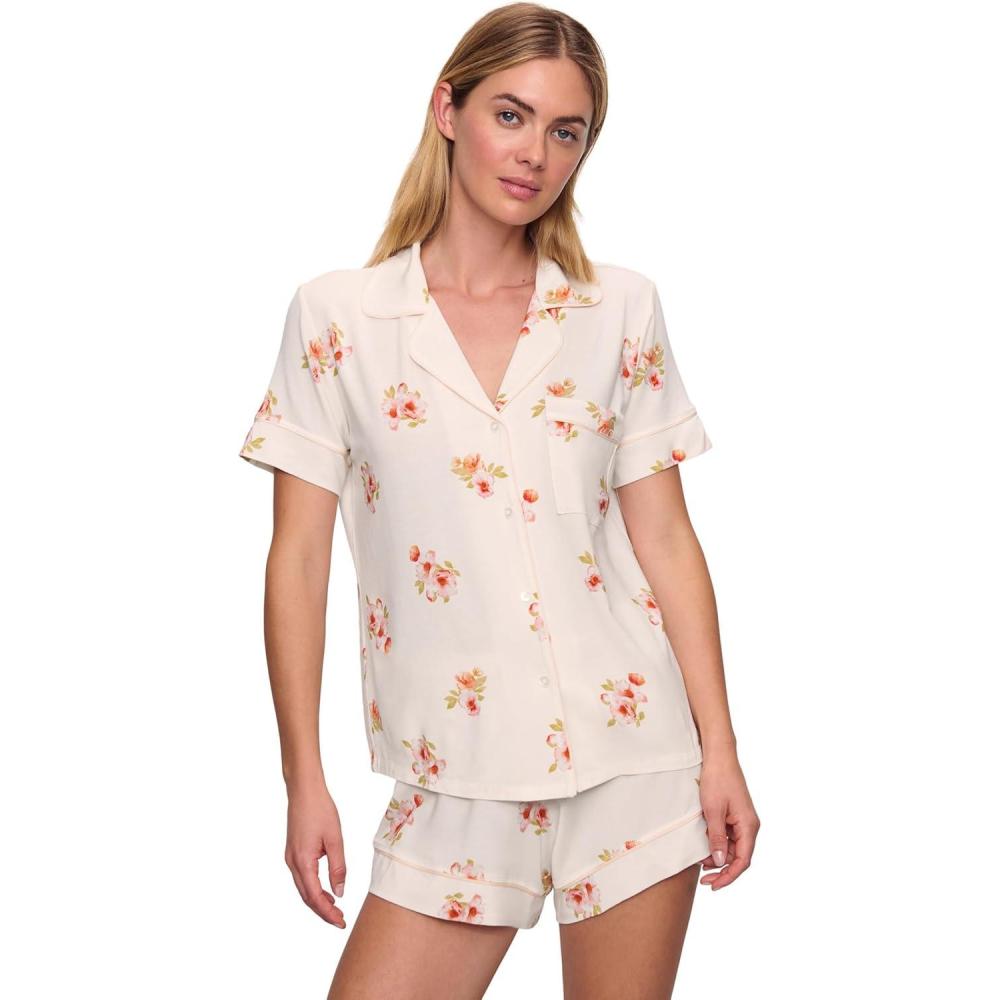 imageEberjey Gisele Printed The Relaxed Short PJ Set for Women  Short Sleeves All Over Polka Dots and Classic Folded CollarFloral Bloom IvoryVanilla Cream