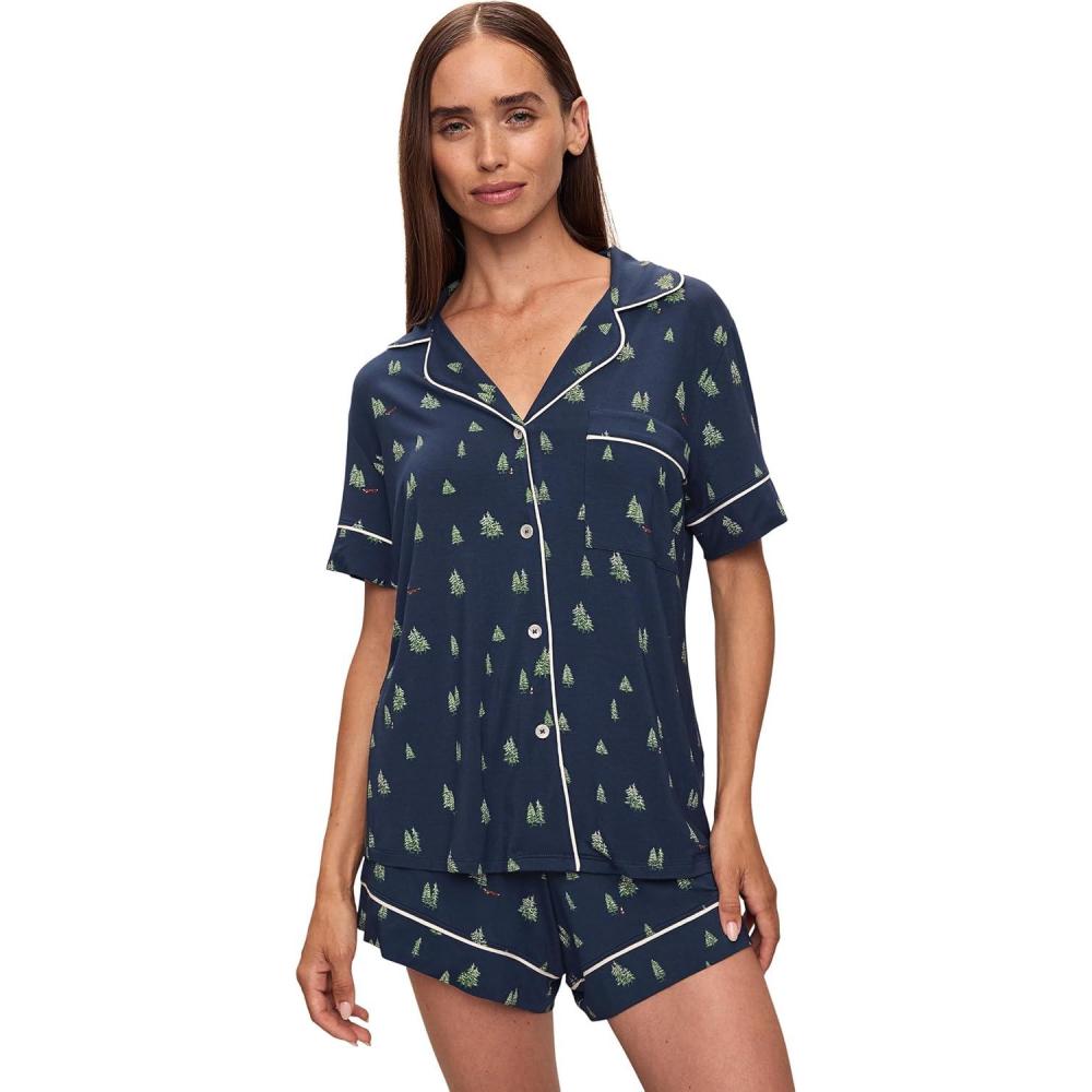 imageEberjey Gisele Printed The Relaxed Short PJ Set for Women Short Sleeves All Over Polka Dots and Classic Folded CollarWoodland Pine NavyIvory