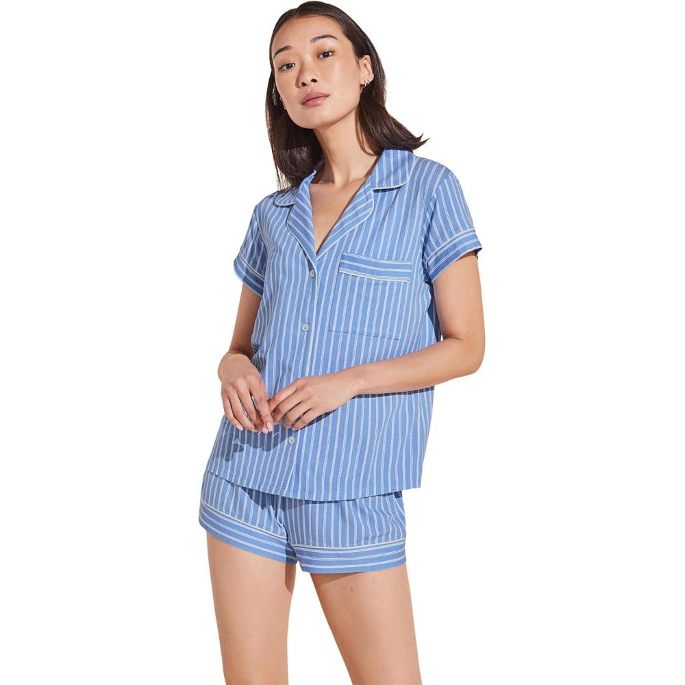 imageEberjey Gisele Relaxed Short PJ Set Sorbet PinkBlackNordic Stripes Vista BlueIvory