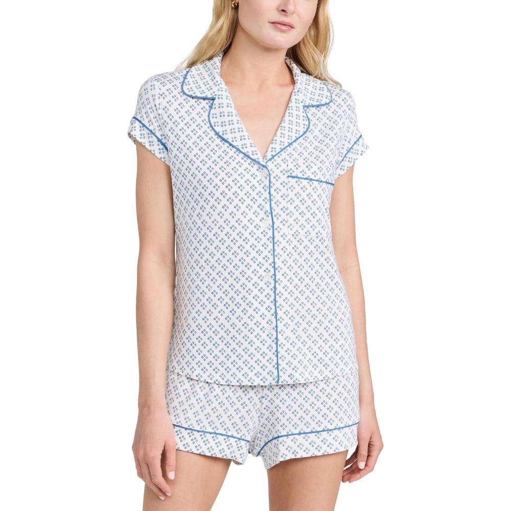 imageEberjey Gisele Relaxed Short PJ Set  Sorbet PinkBlackPetite Batik IvoryDenim Blue