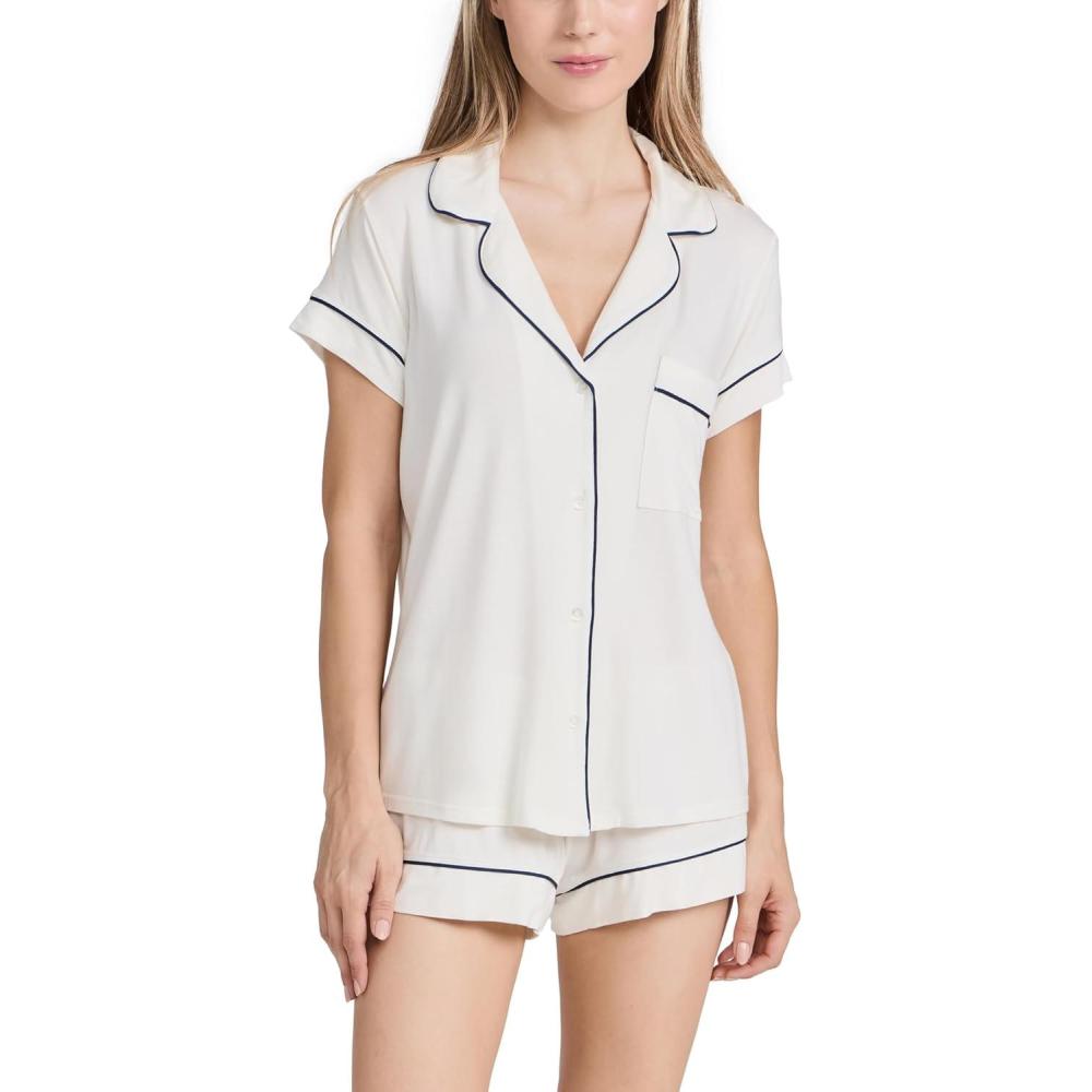 imageEberjey Gisele Relaxed Short PJ Set Sorbet PinkBlackPure IvoryNavy