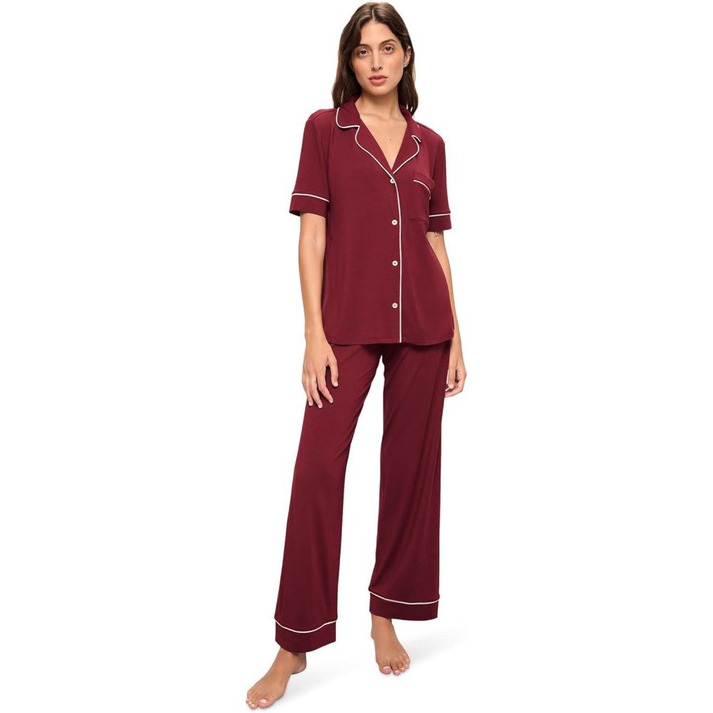 imageEberjey Gisele Short Sleeve Pant PJ SetCabernetIvory