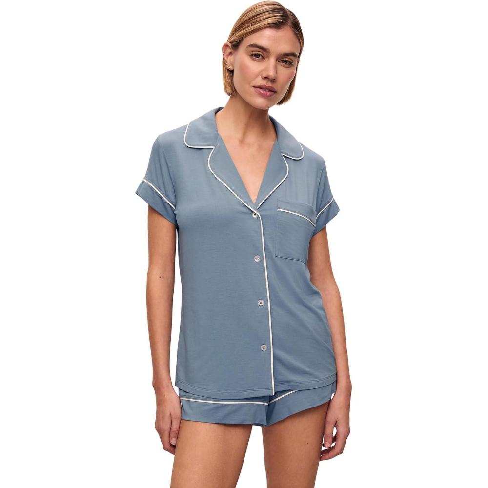 imageEberjey Gisele Short Sleeve Pant PJ SetFaded DenimIvory