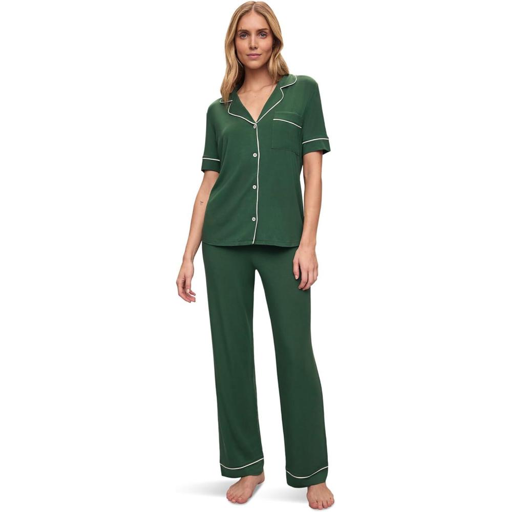 imageEberjey Gisele Short Sleeve Pant PJ SetForest GreenIvory