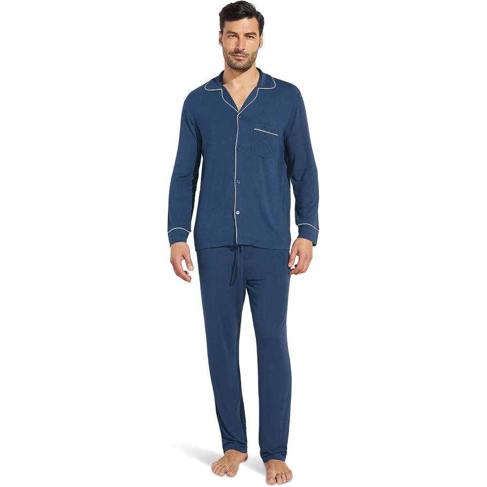 imageEberjey Mens William Modal Long PJ SetIndigo BlueIvory
