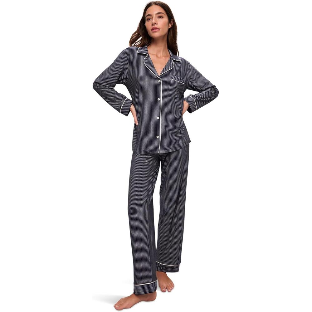 imageEberjey Womens Gisele Printed Long PJ SetDuo Stripe True NavyIvory