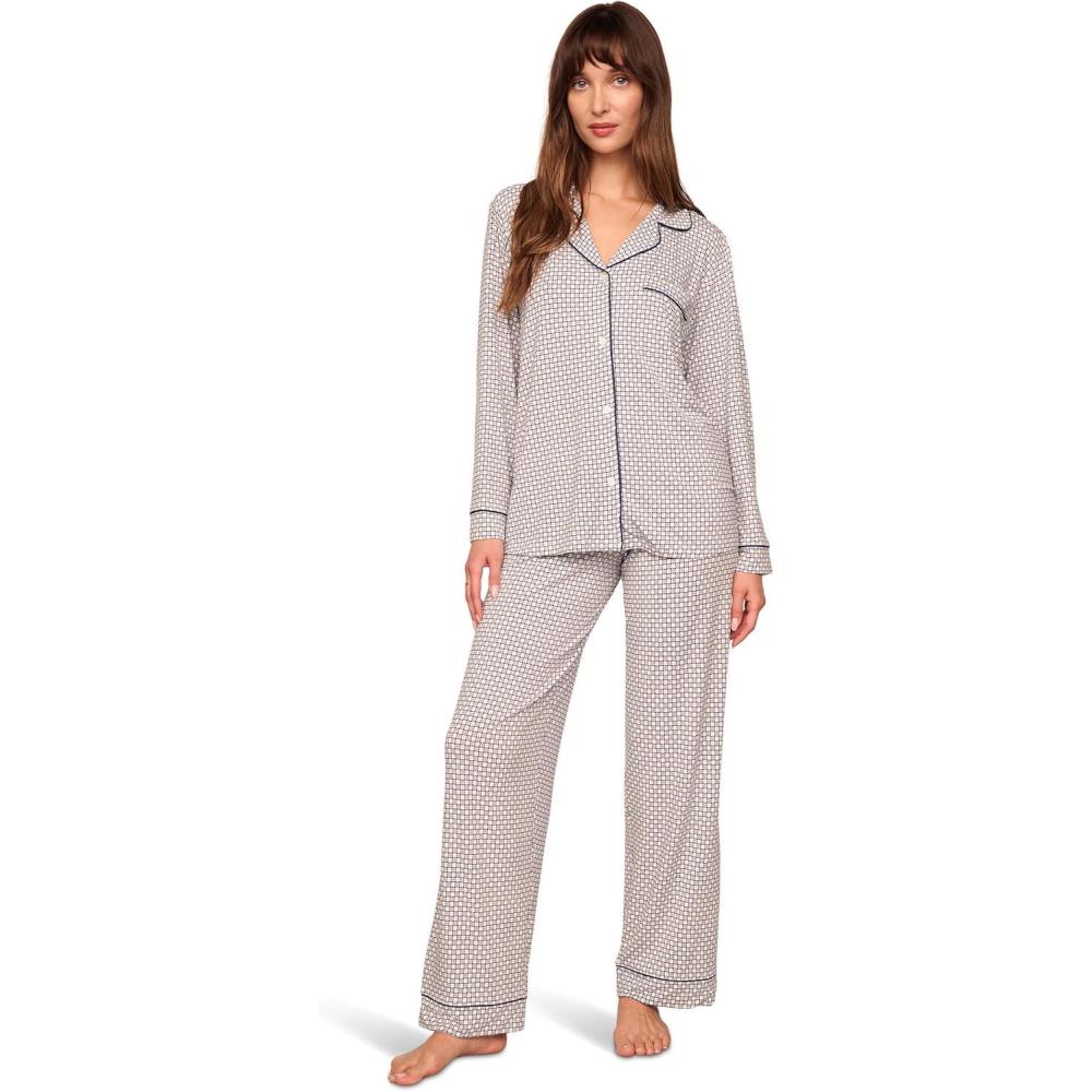 imageEberjey Womens Gisele Printed Long PJ SetGeosphere Gray DawnNavy