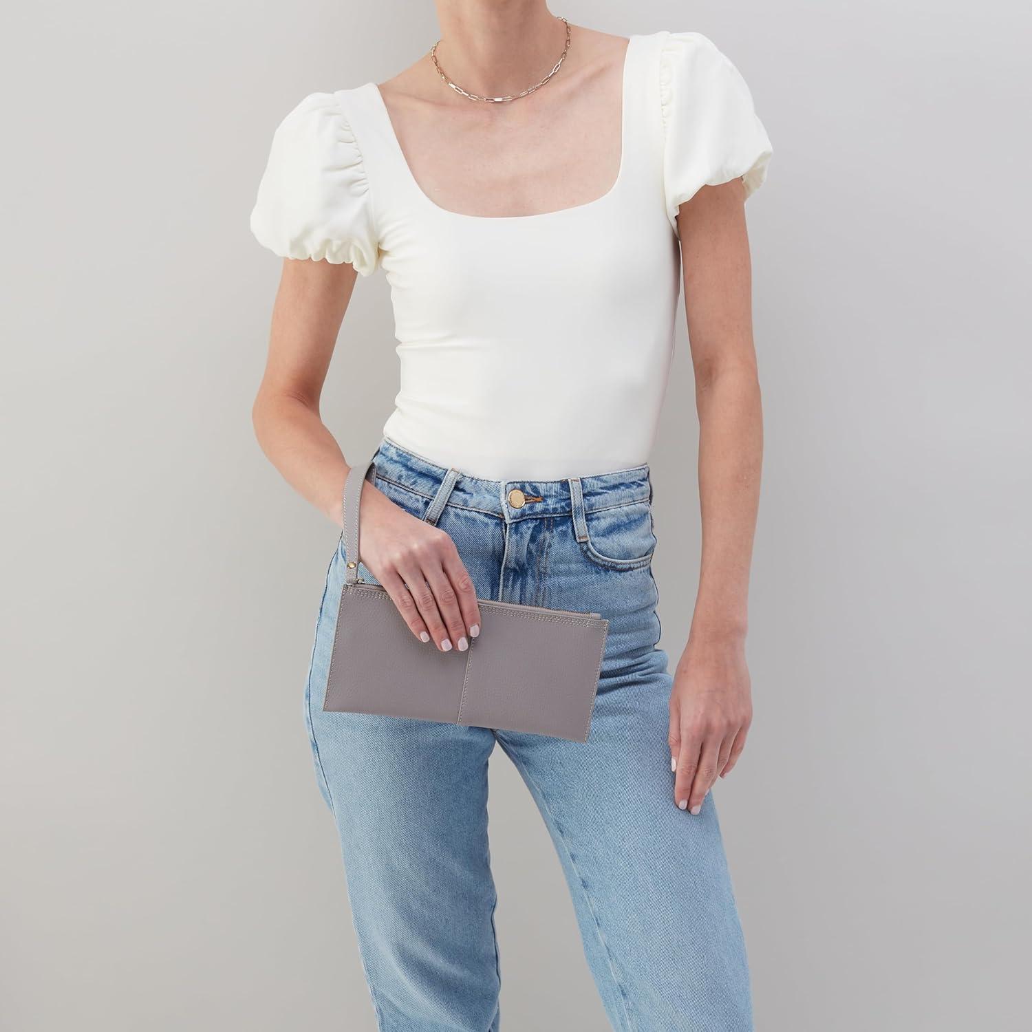 imageHOBO Vida Large Leather Wristlet Pouch for WomenMorning Dove GreyOrona