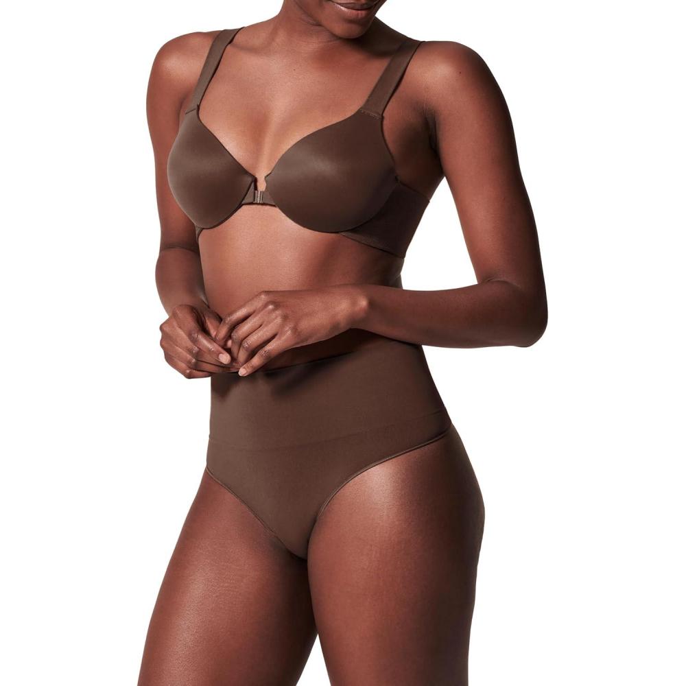 imageSPANXshape ExtraOrdinary Thong Sculpting with Compression Womens Shapewear Underwear Recycled Nylon Fabric BlendChestnut Brown