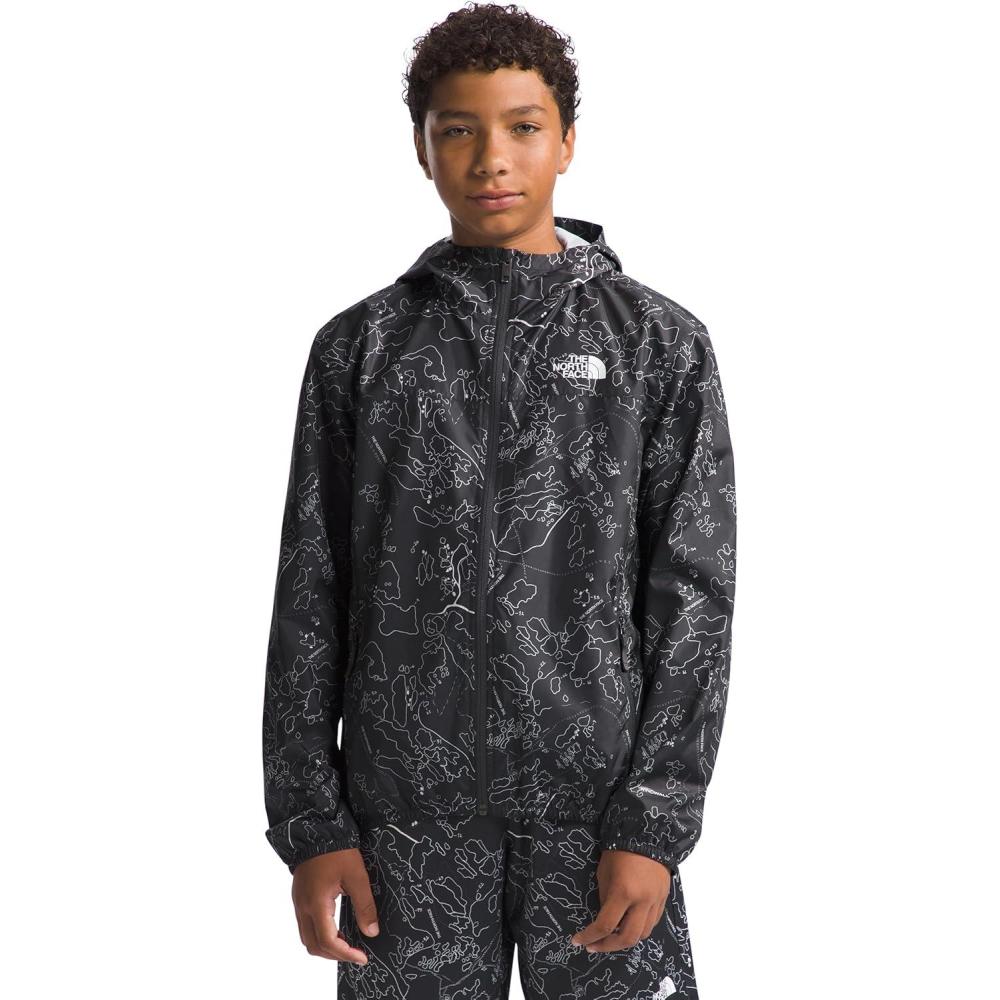 imageThe North Face Boys Never Stop Hooded WindWall Jacket Little KidsBig KidsAsphalt Grey Bouldering Guide Print