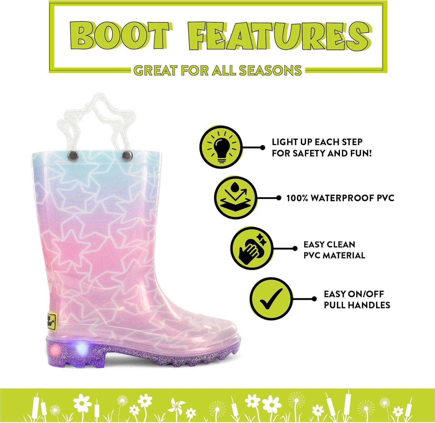 imageWestern Chief Kids Waterproof Light Up Rain Boots With Handles for Easy On and Off for Boys and GirlsGlitter Stars