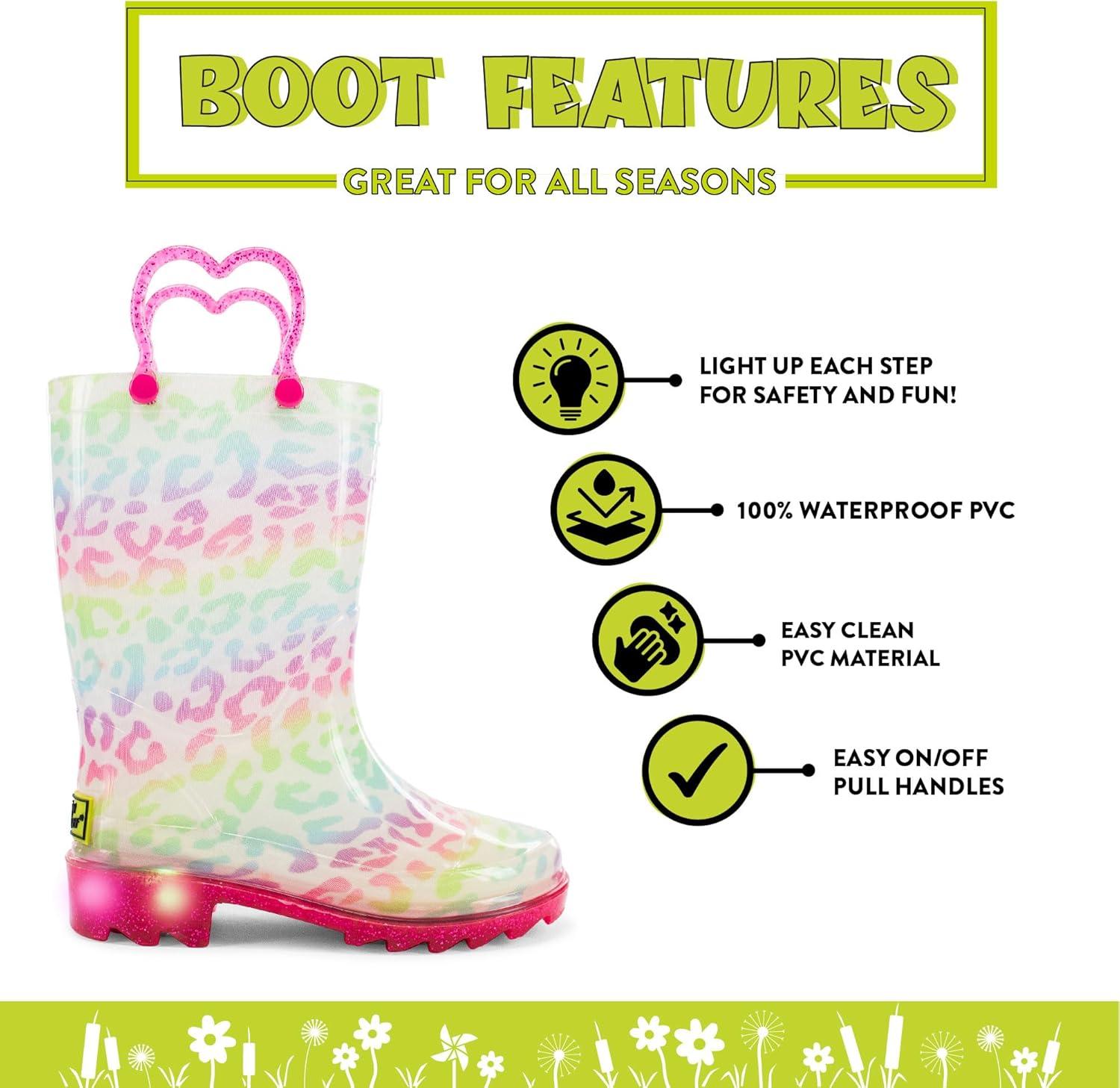 imageWestern Chief Kids Waterproof Light Up Rain Boots With Handles for Easy On and Off for Boys and GirlsLeopard