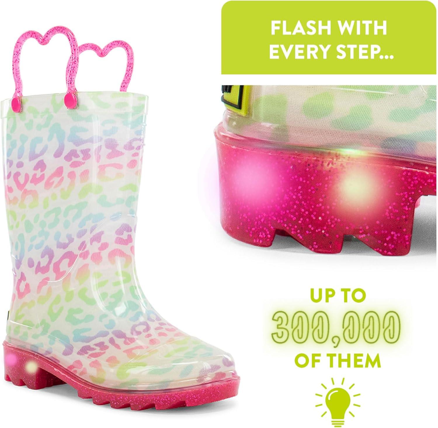 imageWestern Chief Kids Waterproof Light Up Rain Boots With Handles for Easy On and Off for Boys and GirlsLeopard