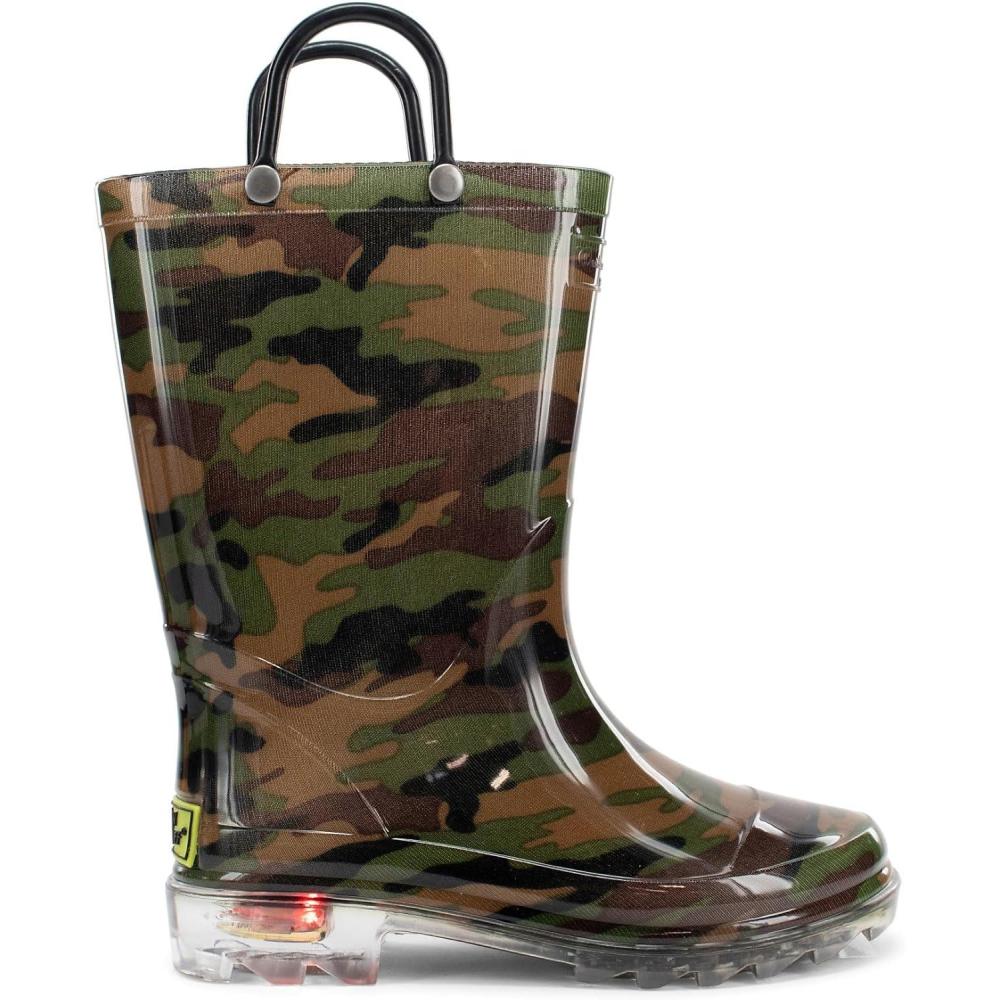 imageWestern Chief Kids Waterproof Light Up Rain Boots With Handles for Easy On and Off for Boys and GirlsCamo Green