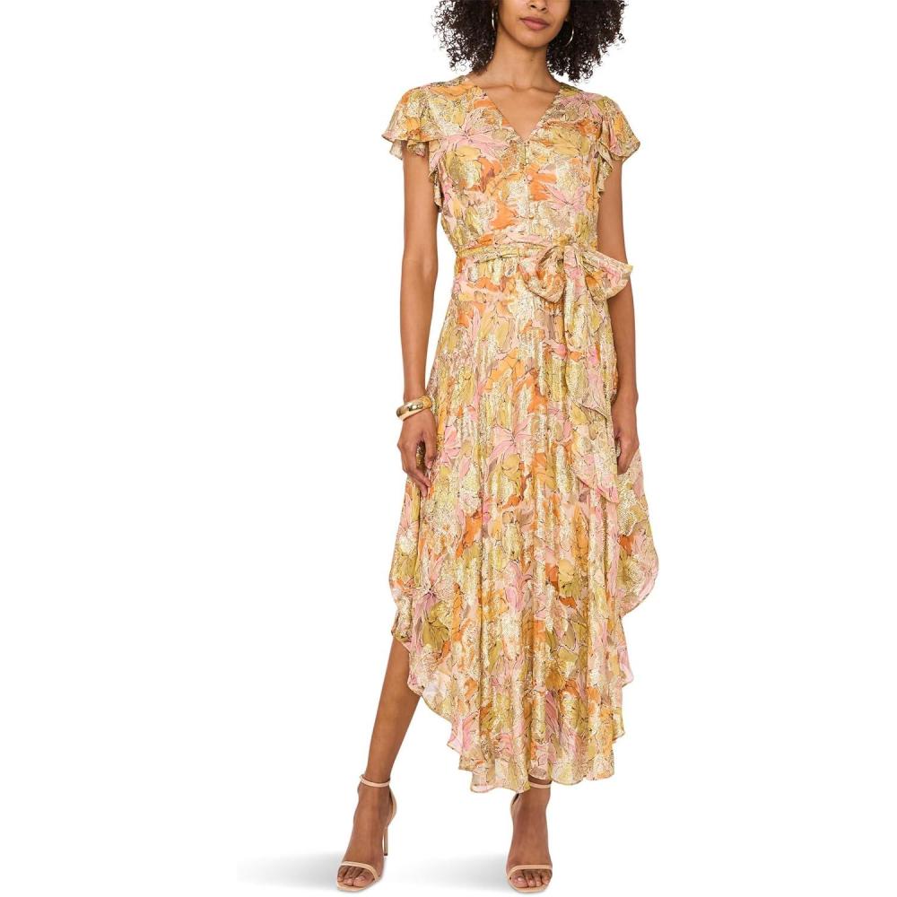 imageVince Camuto Womens V Neck Button Down Maxi Dress with Flutter SleeveCrushed Orange