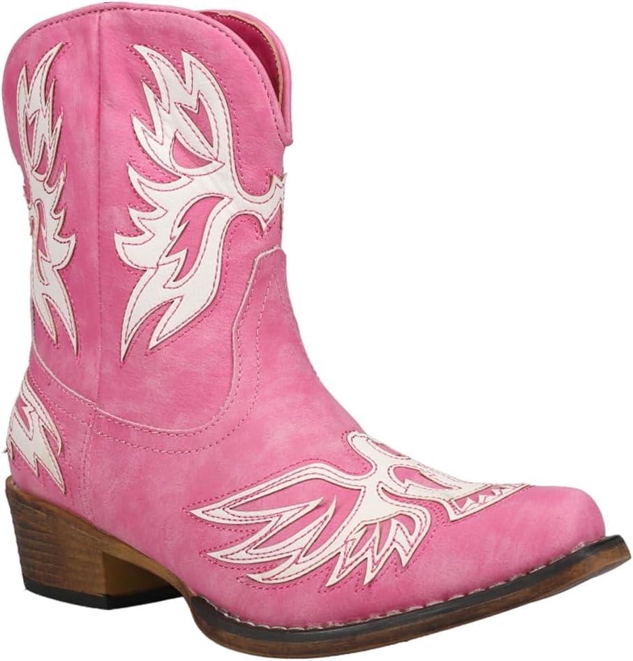 imageROPER Womens Amelia Tooled Inlay Snip Toe Casual Boots Ankle Low Heel 12quot BrownPink