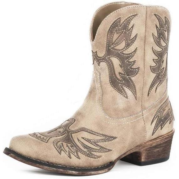 imageROPER Womens Amelia Tooled Inlay Snip Toe Casual Boots Ankle Low Heel 12quot BrownVintage Beige Faux Leather Vamp