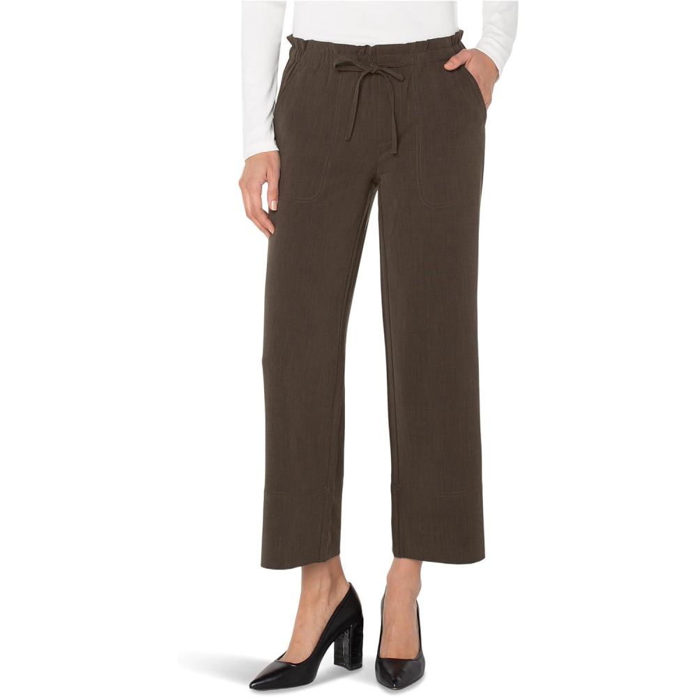 imageLiverpool Los Angeles Womens Pull On Tie Waist Wide Leg Ankle Pants Black Olive SM 26