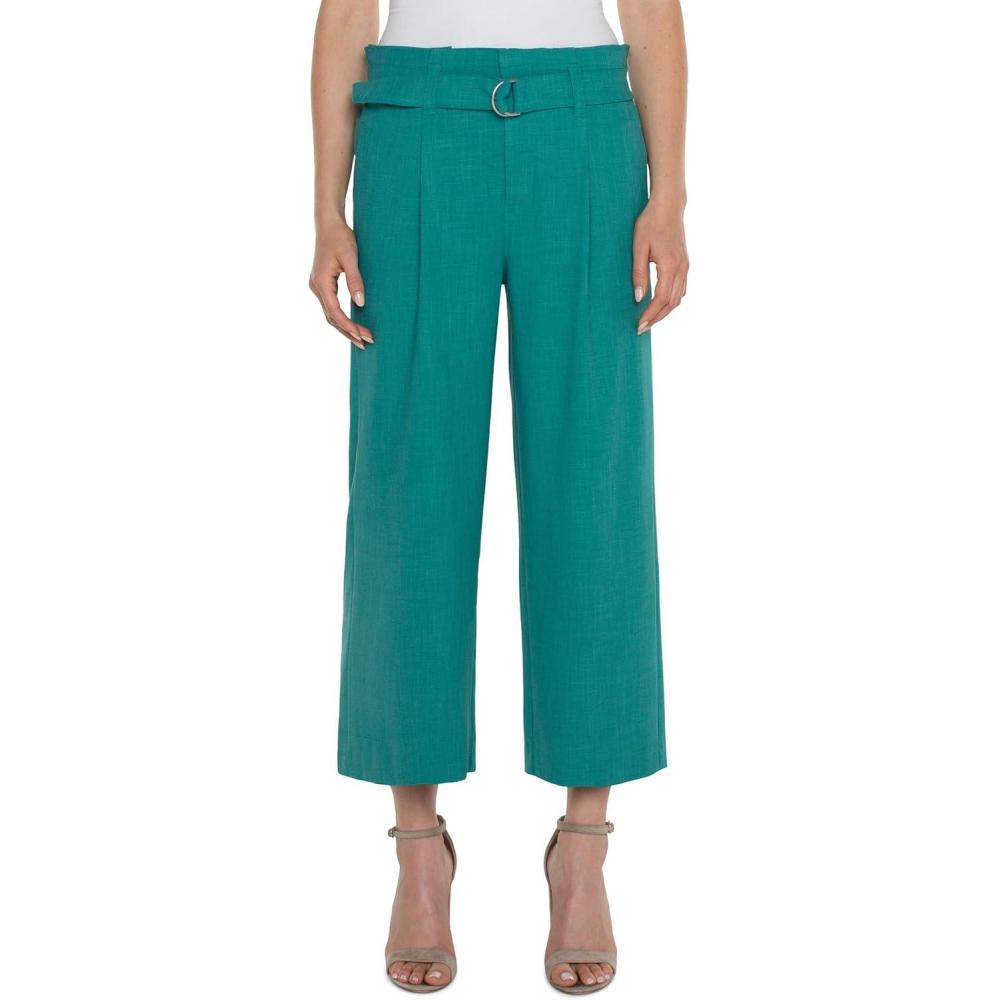 imageLiverpool Womens Belted Mid Rise Paper Bag Wide Leg Crop Stretch Woven TrousersMermaid Teal