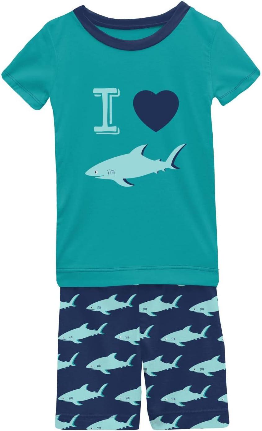 imageKicKee Graphic Short Sleeve Tee Pajama Set with Shorts Tee with Matching Shorts Babies and Kid PJ SetFlag Blue Sharky