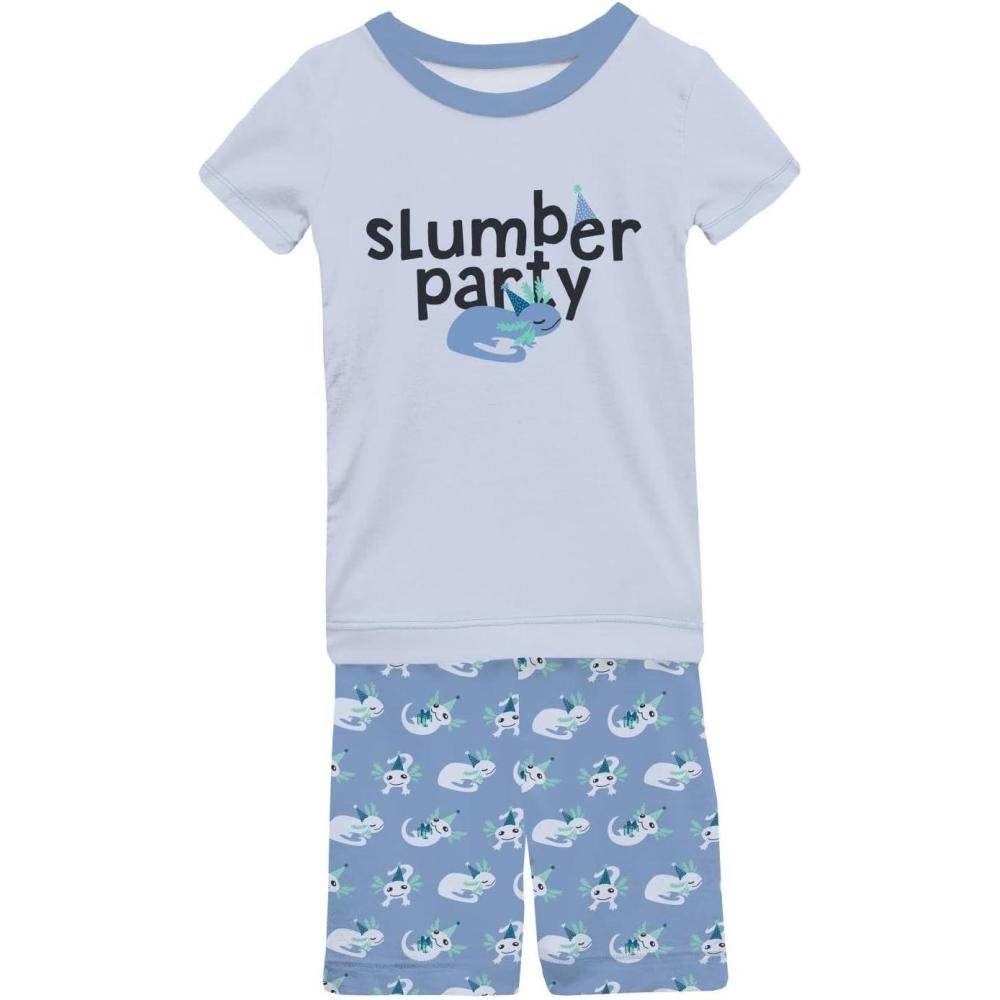 imageKicKee Graphic Short Sleeve Tee Pajama Set with Shorts Tee with Matching Shorts Babies and Kid PJ SetDream Blue Axolotl Party