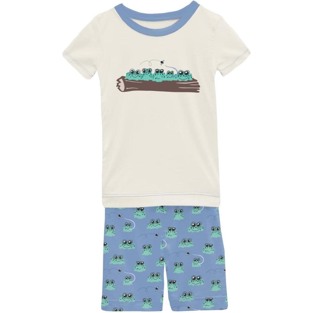 imageKicKee Graphic Short Sleeve Tee Pajama Set with Shorts Tee with Matching Shorts Babies and Kid PJ SetDream Blue Bespeckled Frogs