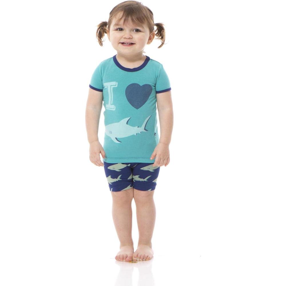 imageKicKee Graphic Short Sleeve Tee Pajama Set with Shorts Tee with Matching Shorts Babies and Kid PJ SetFlag Blue Sharky