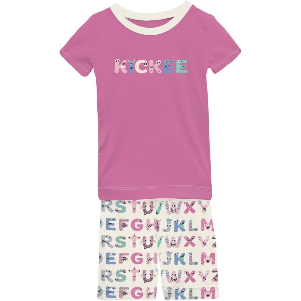 imageKicKee Graphic Short Sleeve Tee Pajama Set with Shorts Tee with Matching Shorts Babies and Kid PJ SetNatural Abc Monsters