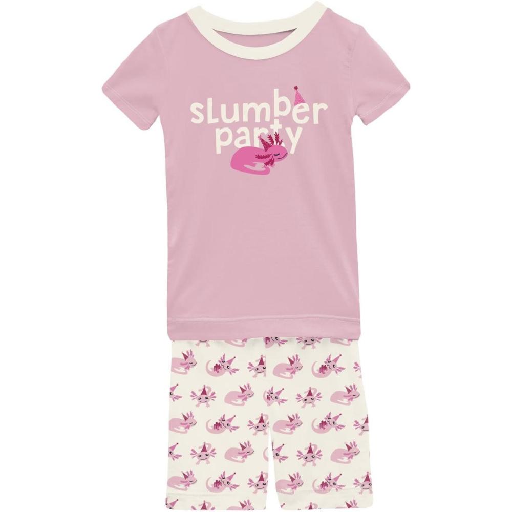 imageKicKee Graphic Short Sleeve Tee Pajama Set with Shorts Tee with Matching Shorts Babies and Kid PJ SetNatural Axolotl Party