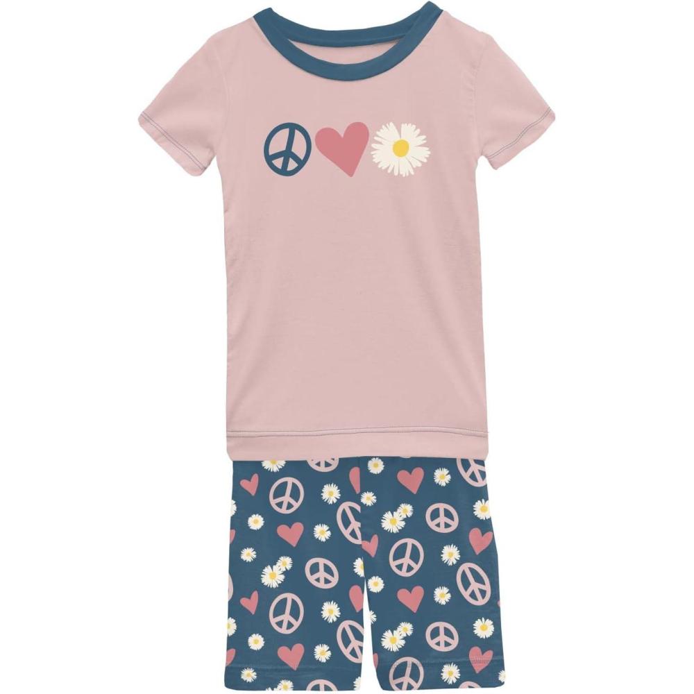 imageKicKee Graphic Short Sleeve Tee Pajama Set with Shorts Tee with Matching Shorts Babies and Kid PJ SetPeace Love and Happiness