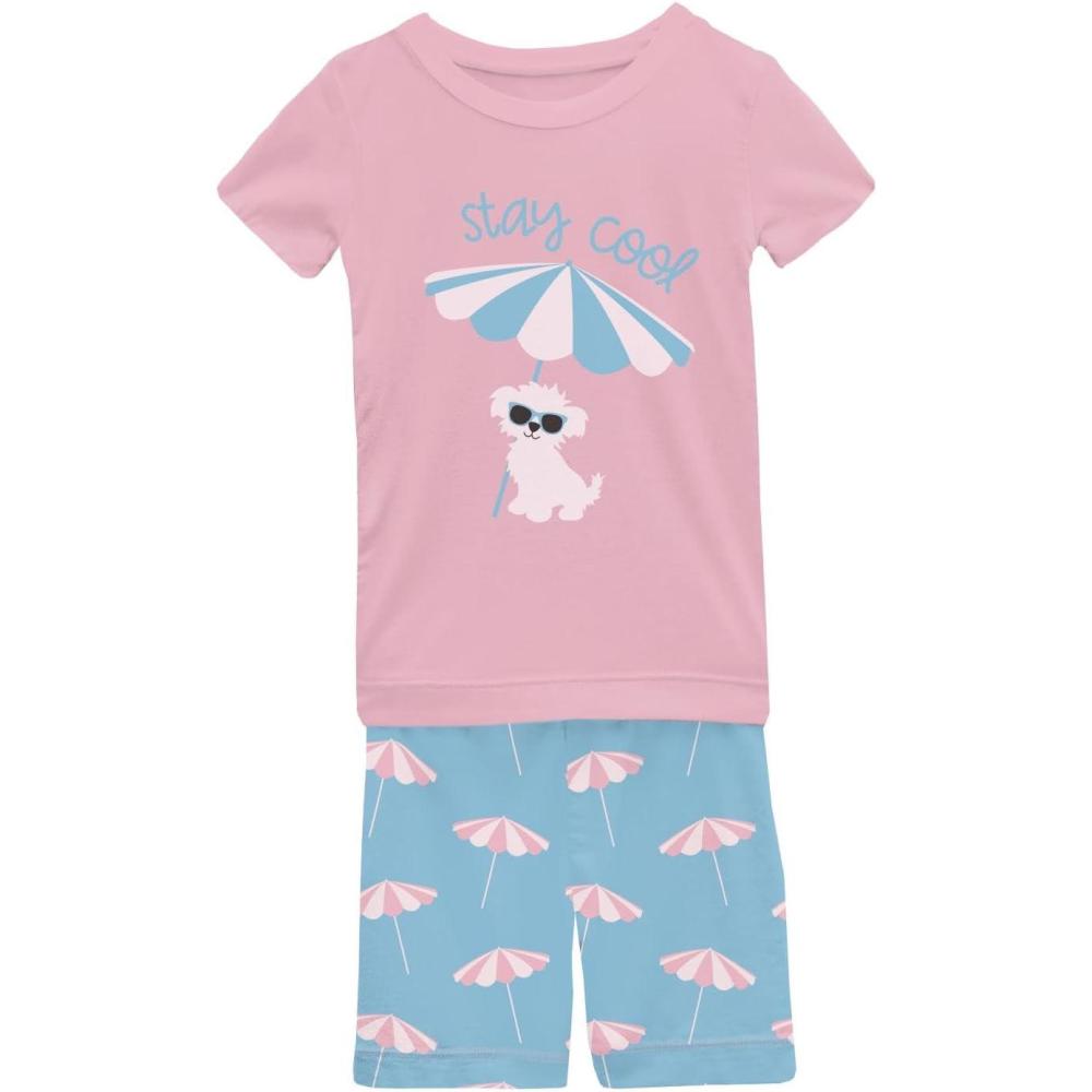 imageKicKee Graphic Short Sleeve Tee Pajama Set with Shorts Tee with Matching Shorts Babies and Kid PJ SetSeaside Blue Beach Umbrellas